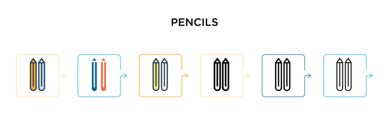 Pencils vector icon in 6 different modern styles. Black, two colored pencils icons designed in filled, outline, line and stroke style. Vector illustration can be used for web, mobile, ui
