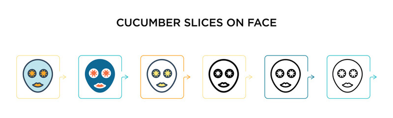 Obraz premium Cucumber slices on face vector icon in 6 different modern styles. Black, two colored cucumber slices on face icons designed in filled, outline, line and stroke style. Vector illustration can be used