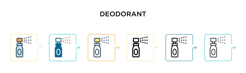 Deodorant vector icon in 6 different modern styles. Black, two colored deodorant icons designed in filled, outline, line and stroke style. Vector illustration can be used for web, mobile, ui