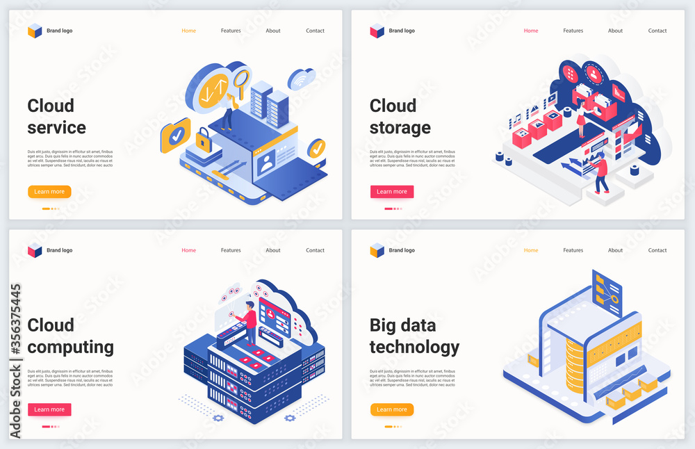 Fototapete Isometric big data technology vector illustration set. Creative concept banner, interface website design with cartoon 3d tech datacenter service of cloud server storage, digital database hardware