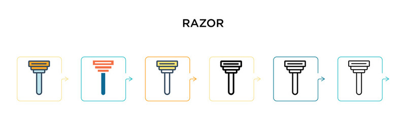 Razor vector icon in 6 different modern styles. Black, two colored razor icons designed in filled, outline, line and stroke style. Vector illustration can be used for web, mobile, ui