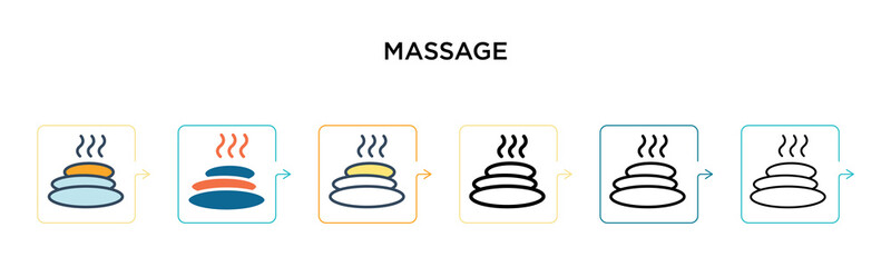 Massage vector icon in 6 different modern styles. Black, two colored massage icons designed in filled, outline, line and stroke style. Vector illustration can be used for web, mobile, ui