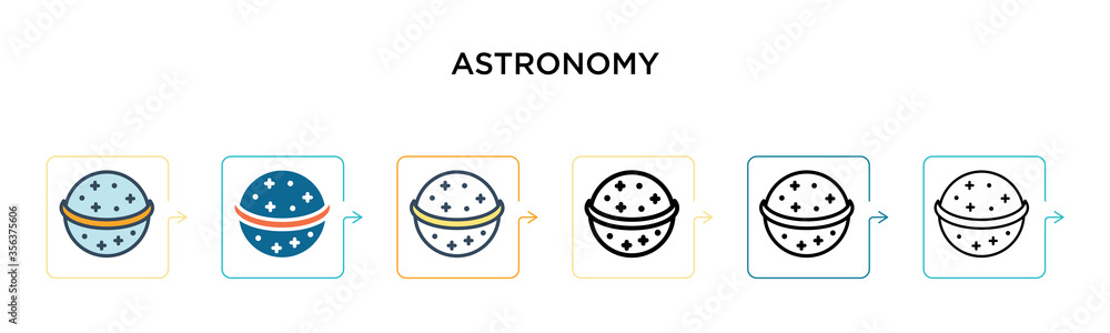 Poster astronomy vector icon in 6 different modern styles. black, two colored astronomy icons designed in f