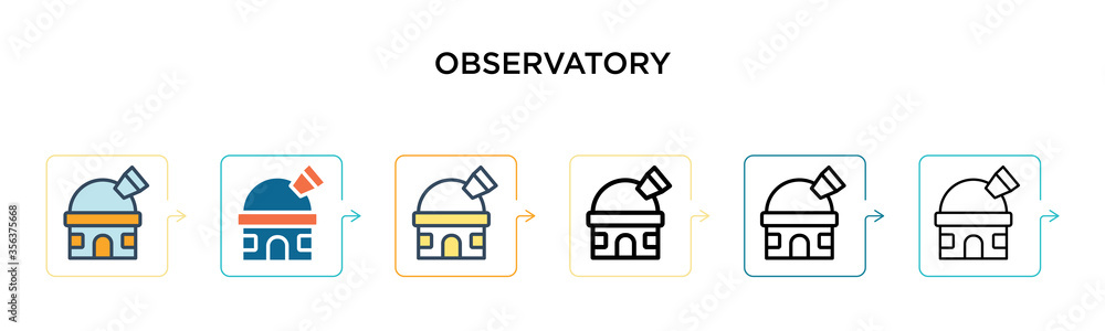 Poster observatory vector icon in 6 different modern styles. black, two colored observatory icons designed 