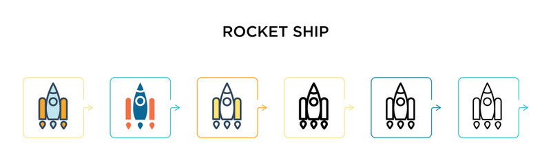 Rocket ship vector icon in 6 different modern styles. Black, two colored rocket ship icons designed in filled, outline, line and stroke style. Vector illustration can be used for web, mobile, ui