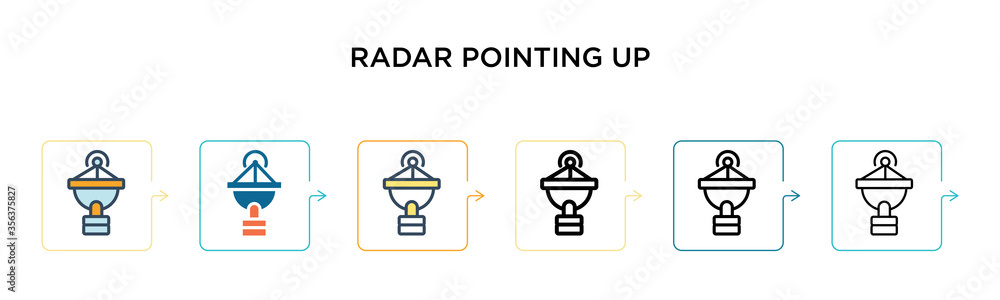 Poster radar pointing up vector icon in 6 different modern styles. black, two colored radar pointing up ico