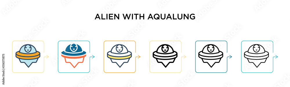Poster alien with aqualung vector icon in 6 different modern styles. black, two colored alien with aqualung