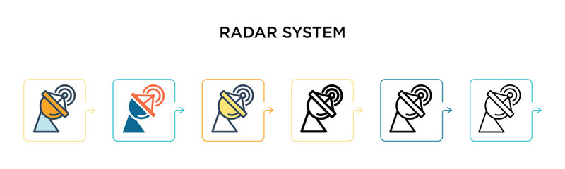 Radar system vector icon in 6 different modern styles. Black, two colored radar system icons designed in filled, outline, line and stroke style. Vector illustration can be used for web, mobile, ui