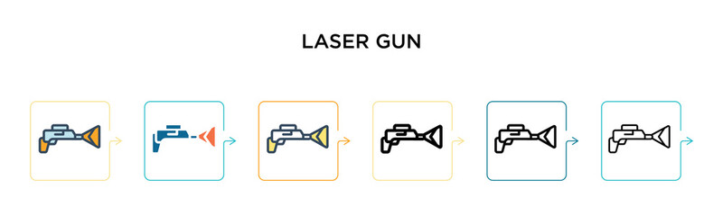 Laser gun vector icon in 6 different modern styles. Black, two colored laser gun icons designed in filled, outline, line and stroke style. Vector illustration can be used for web, mobile, ui