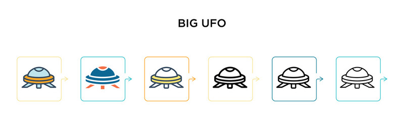 Big ufo vector icon in 6 different modern styles. Black, two colored big ufo icons designed in filled, outline, line and stroke style. Vector illustration can be used for web, mobile, ui