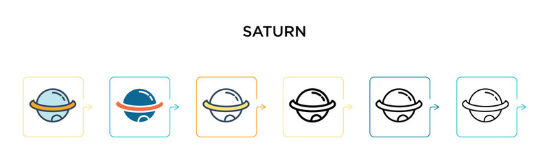 Saturn vector icon in 6 different modern styles. Black, two colored saturn icons designed in filled, outline, line and stroke style. Vector illustration can be used for web, mobile, ui © Premium Art