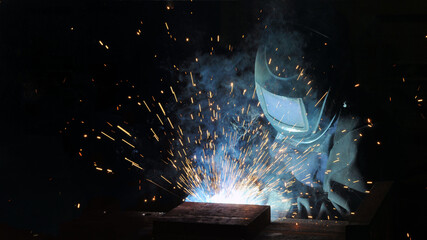 The welder at the factory is engaged in the production of metal structures.