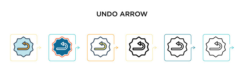 Undo arrow vector icon in 6 different modern styles. Black, two colored undo arrow icons designed in filled, outline, line and stroke style. Vector illustration can be used for web, mobile, ui