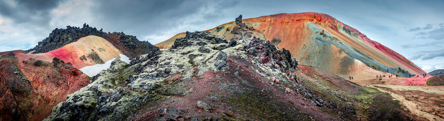 Panoramic landscape view of colorful rainbow volcanic Landmannalaugar mountains, famous Laugavegur...