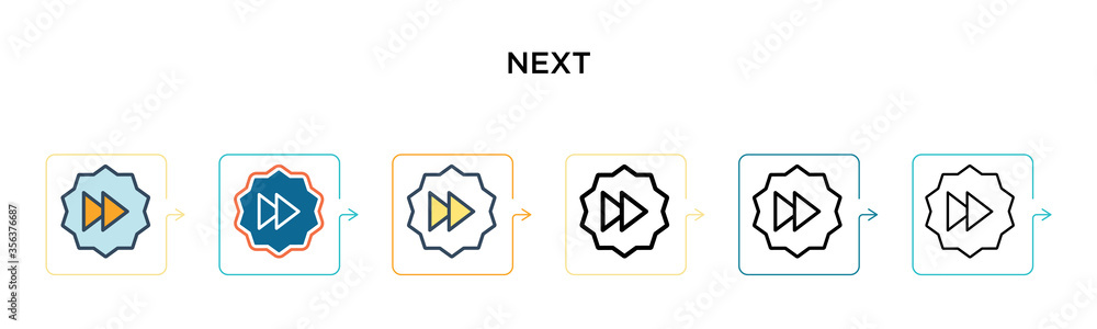 Poster next vector icon in 6 different modern styles. black, two colored next icons designed in filled, out