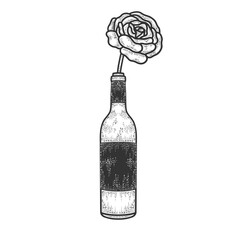 rose flower in a bottle of wine sketch engraving vector illustration. T-shirt apparel print design. Scratch board imitation. Black and white hand drawn image.