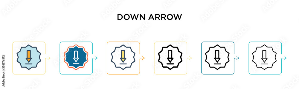 Poster down arrow vector icon in 6 different modern styles. black, two colored down arrow icons designed in