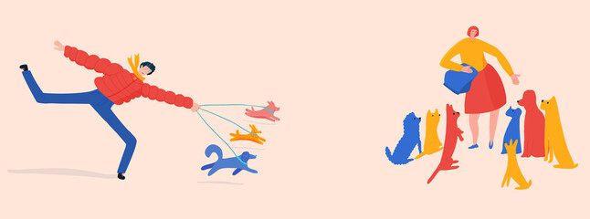 Woman feeding rescued dogs in animal shelter while other dogs are happily running to them with man walking the dogs.