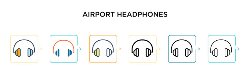 Airport headphones vector icon in 6 different modern styles. Black, two colored airport headphones icons designed in filled, outline, line and stroke style. Vector illustration can be used for web,