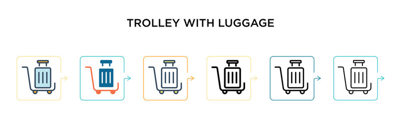 Trolley with luggage vector icon in 6 different modern styles. Black, two colored trolley with luggage icons designed in filled, outline, line and stroke style. Vector illustration can be used for