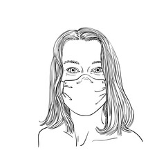 Sketch of woman portrait in medical face mask, Vector hand drawn illustration