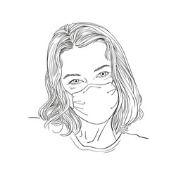 Sketch of woman portrait in medical face mask, Vector hand drawn illustration
