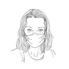 Sketch of woman portrait in medical face mask looking straight, Vector hand drawn illustration