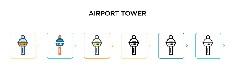 Airport tower vector icon in 6 different modern styles. Black, two colored airport tower icons designed in filled, outline, line and stroke style. Vector illustration can be used for web, mobile, ui