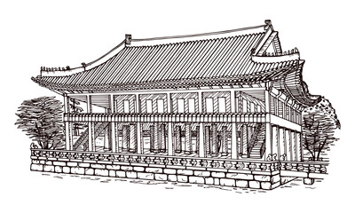Vector sketch of Korean traditional palace. Hand drawn vector illustration isolated on white background. Monochrome outline.