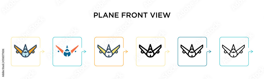 Poster plane front view vector icon in 6 different modern styles. black, two colored plane front view icons