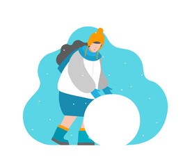 Cute vector isolated concept in flat style. Girl are rolling ball to sculpt snowman. Winter holiday, outdoor activities. Woman is in finnish orange earflaps, down jacket and blue felt boots.