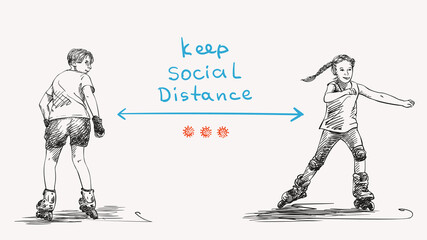 Keep social distance Covid-19 banner for children, Boy and girl are skating on skate rollers, Hand drawn vector illustration