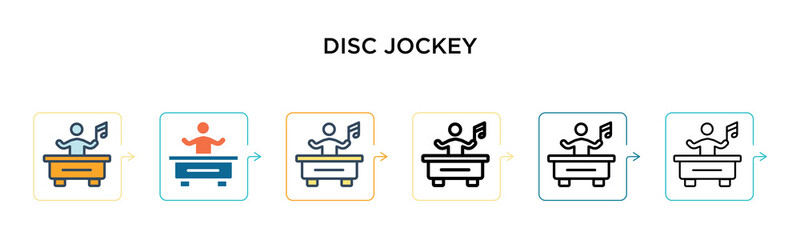 Disc jockey vector icon in 6 different modern styles. Black, two colored disc jockey icons designed in filled, outline, line and stroke style. Vector illustration can be used for web, mobile, ui