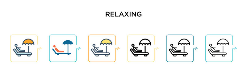 Naklejka premium Relaxing vector icon in 6 different modern styles. Black, two colored relaxing icons designed in filled, outline, line and stroke style. Vector illustration can be used for web, mobile, ui