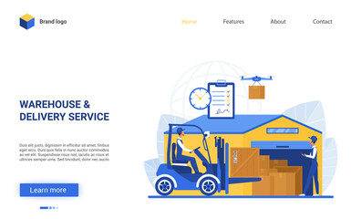 Fototapeta na wymiar Warehouse delivery logistic service vector illustration. Cartoon flat website interface design for warehousing business company with worker loading boxes using loader near warehouse storage