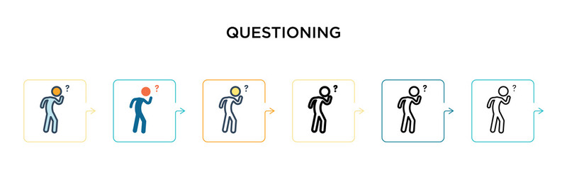 Questioning vector icon in 6 different modern styles. Black, two colored questioning icons designed in filled, outline, line and stroke style. Vector illustration can be used for web, mobile, ui