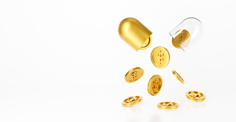 3d rendering of open medicine capsule with pouring money dollar coin.