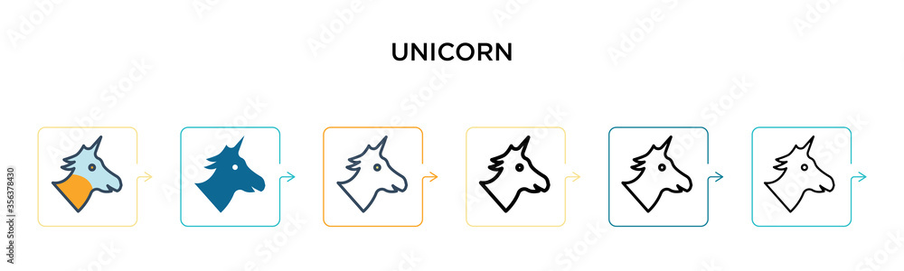Poster unicorn vector icon in 6 different modern styles. black, two colored unicorn icons designed in fille