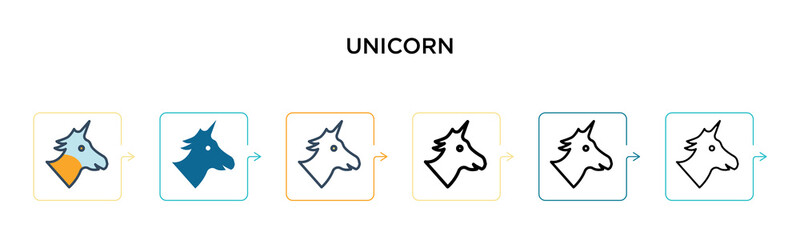 Unicorn vector icon in 6 different modern styles. Black, two colored unicorn icons designed in filled, outline, line and stroke style. Vector illustration can be used for web, mobile, ui