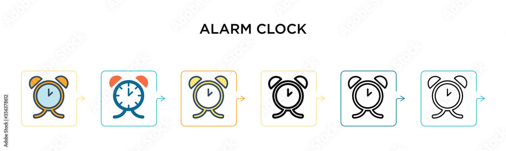 Poster alarm clock vector icon in 6 different modern styles. black, two colored alarm clock icons designed 
