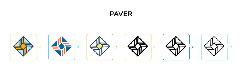Paver vector icon in 6 different modern styles. Black, two colored paver icons designed in filled, outline, line and stroke style. Vector illustration can be used for web, mobile, ui