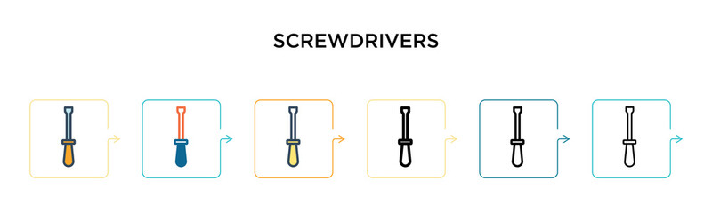 Screwdrivers vector icon in 6 different modern styles. Black, two colored screwdrivers icons designed in filled, outline, line and stroke style. Vector illustration can be used for web, mobile, ui