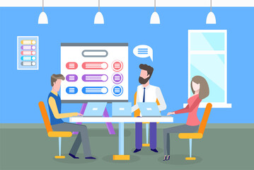 Scheme on whiteboard, business meeting conference vector. Man and woman discussing ideas of project, planning of new strategy, flowcharts and charts