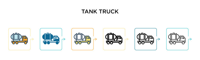 Tank truck vector icon in 6 different modern styles. Black, two colored tank truck icons designed in filled, outline, line and stroke style. Vector illustration can be used for web, mobile, ui