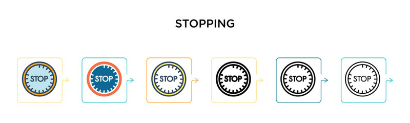 Stopping vector icon in 6 different modern styles. Black, two colored stopping icons designed in filled, outline, line and stroke style. Vector illustration can be used for web, mobile, ui
