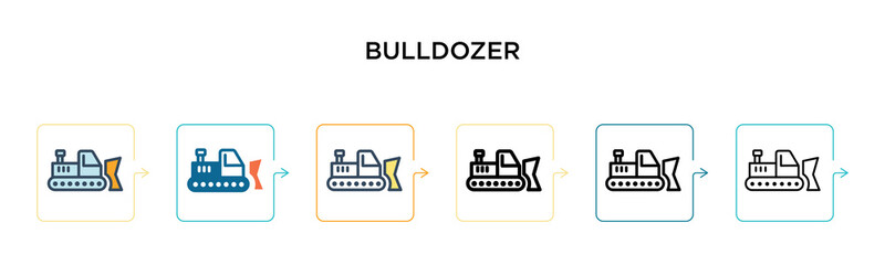 Bulldozer vector icon in 6 different modern styles. Black, two colored bulldozer icons designed in filled, outline, line and stroke style. Vector illustration can be used for web, mobile, ui
