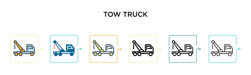 Tow truck vector icon in 6 different modern styles. Black, two colored tow truck icons designed in filled, outline, line and stroke style. Vector illustration can be used for web, mobile, ui