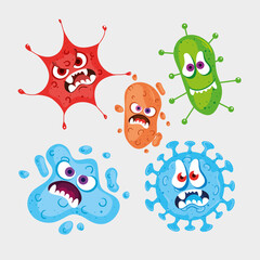 set cartoon covid 19 emoji, coronavirus emoticon with facial expression vector illustration design