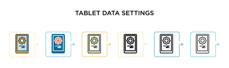 Tablet data settings vector icon in 6 different modern styles. Black, two colored tablet data settings icons designed in filled, outline, line and stroke style. Vector illustration can be used for