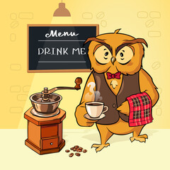 Coffee Shop with cartoon owl barista, manual coffee grinder and coffee beans.